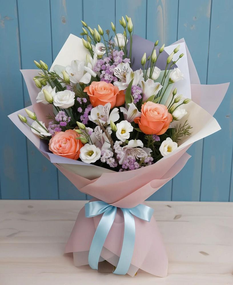 Букет цветов из: Лизиантусы, Розы, Альстромерии и Гипсофила в Кугульте